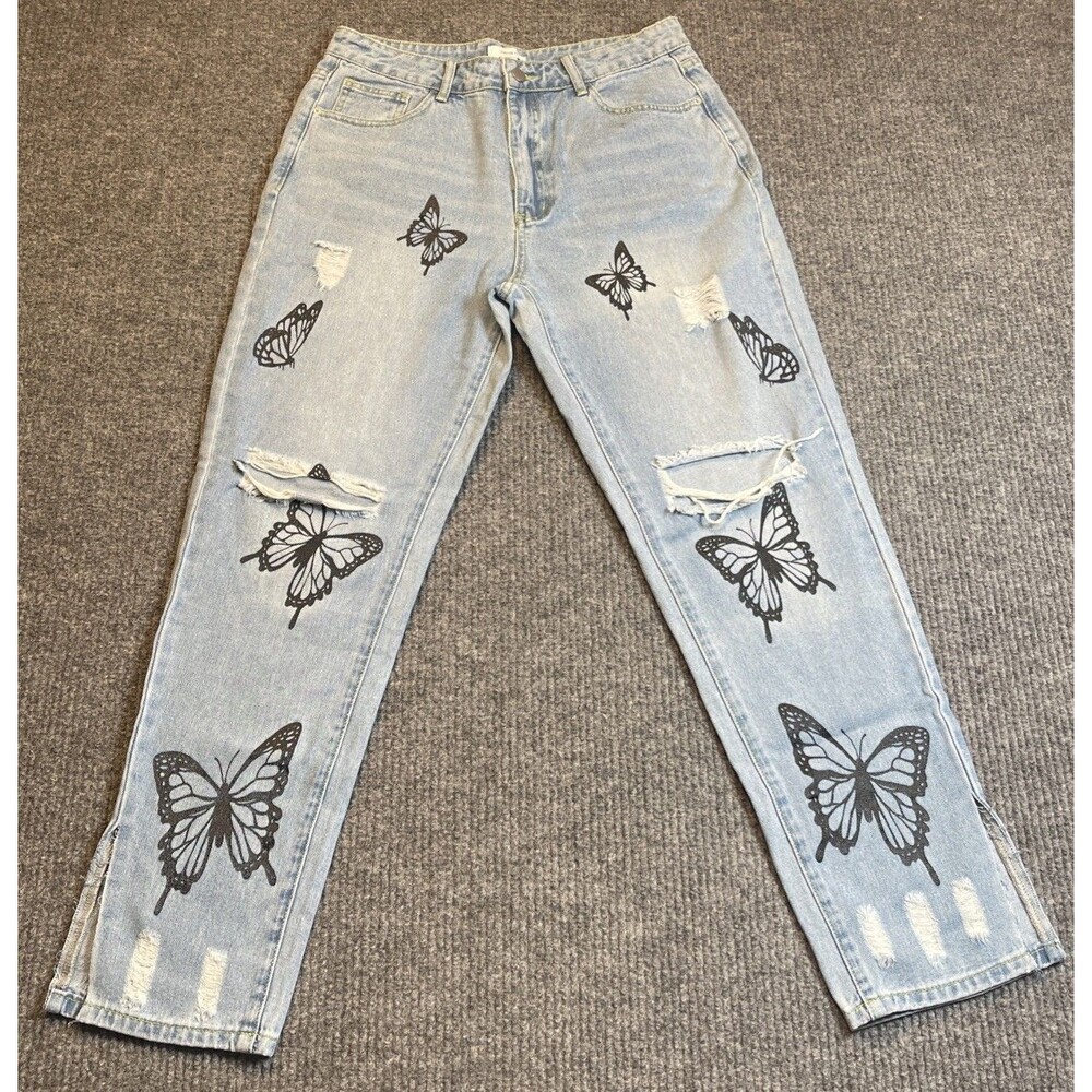 Forever 21 High Rise Light Denim Jeans Y2K Women Large Distressed Butterfly